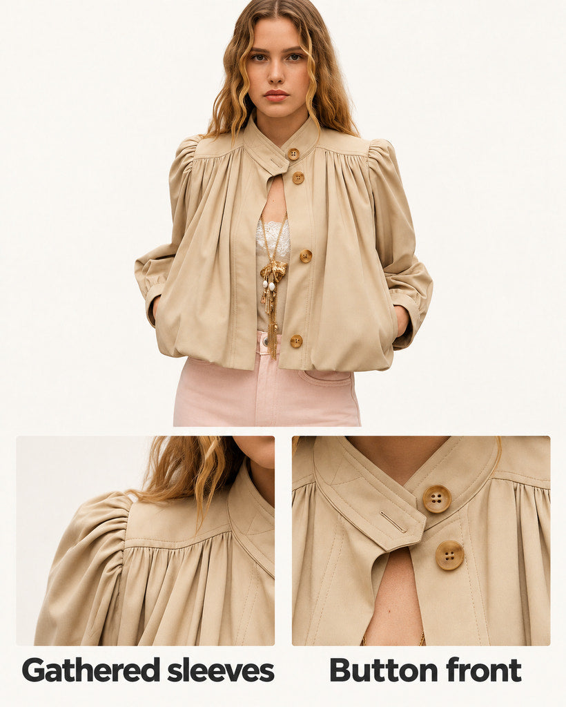 Catrin | Beige Puff-Sleeve Bomber Jacket