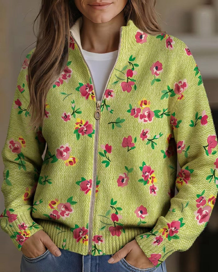 Lauren - Floral Cardigan with Pink Blooms and Lime Green Zip