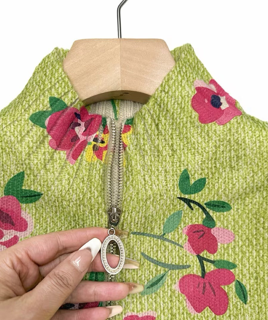 Lauren - Floral Cardigan with Pink Blooms and Lime Green Zip