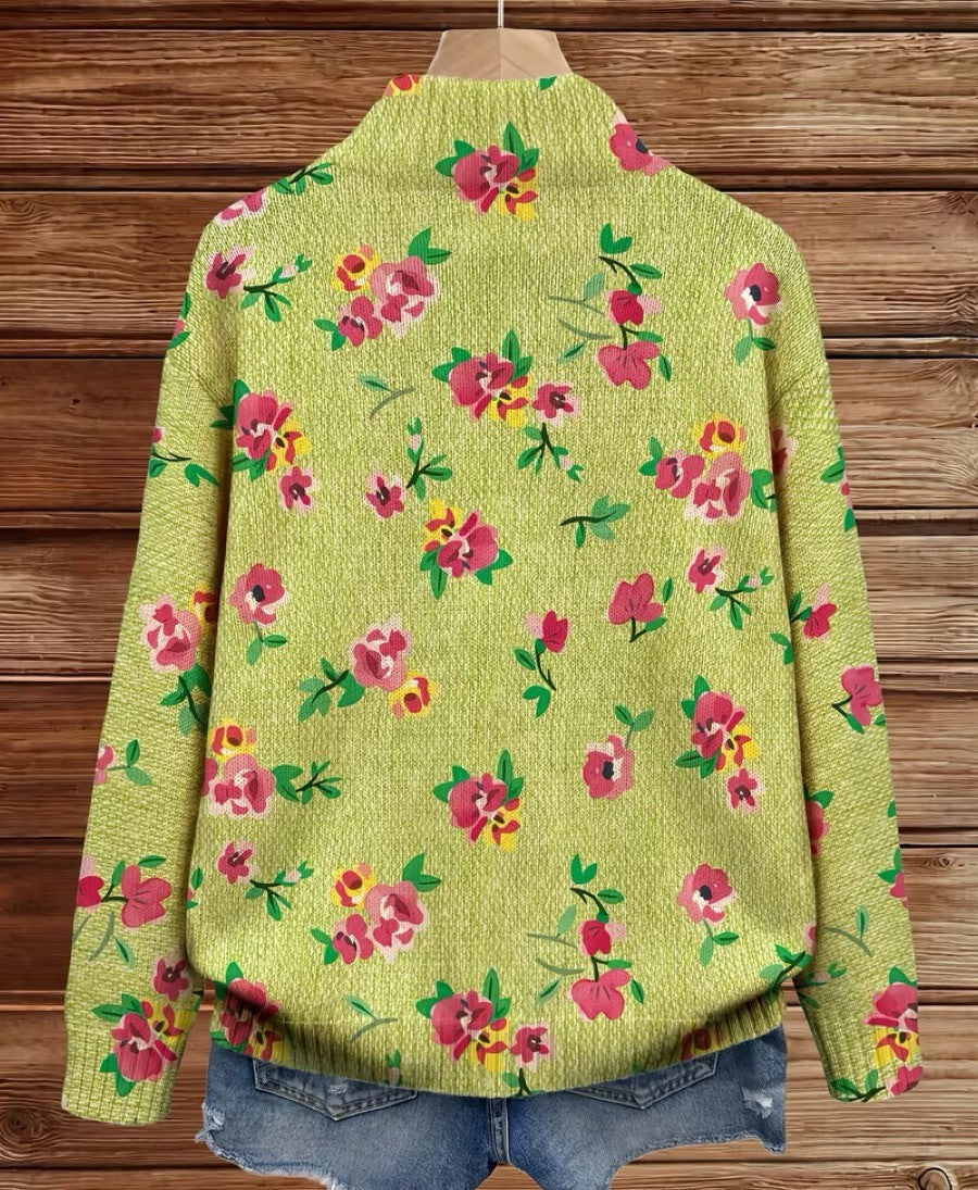 Lauren - Floral Cardigan with Pink Blooms and Lime Green Zip