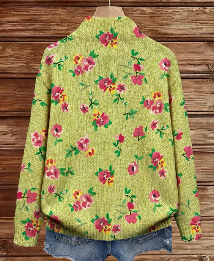 Lauren - Floral Cardigan with Pink Blooms and Lime Green Zip