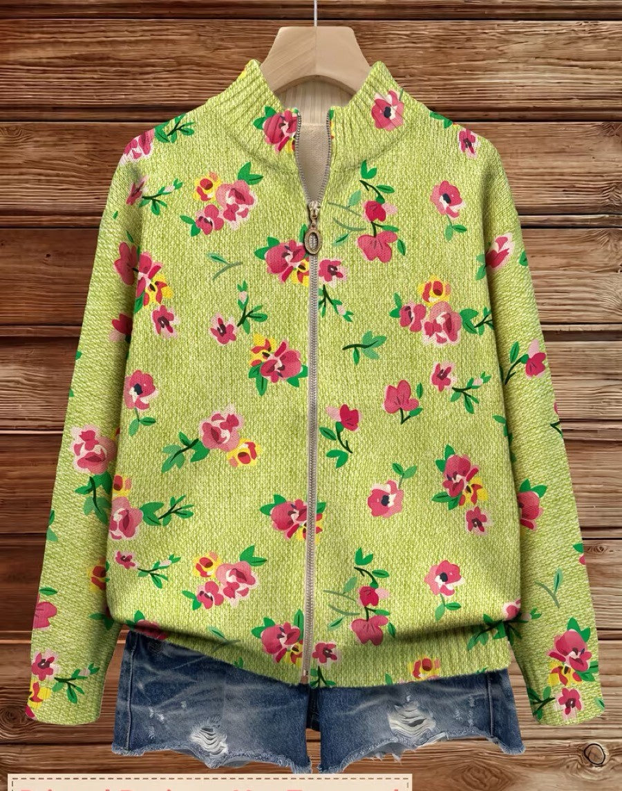 Lauren - Floral Cardigan with Pink Blooms and Lime Green Zip