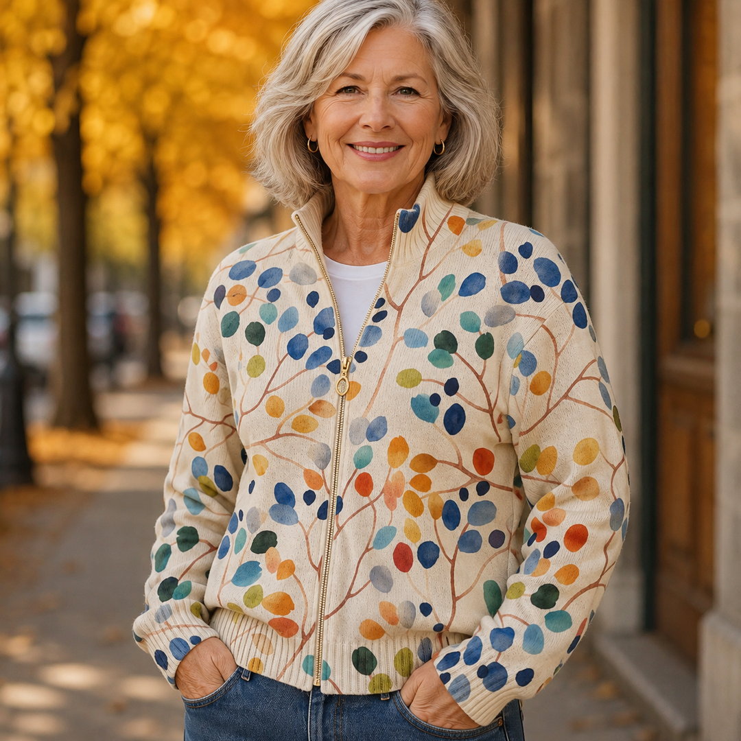 Fiona - Botanical Print Zip-Up Cardigan