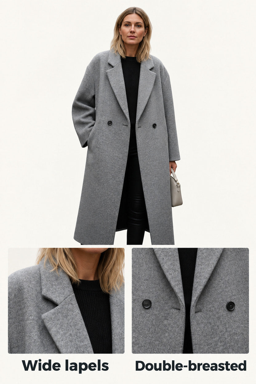 Dilys | Grey Double-Breasted Long Coat
