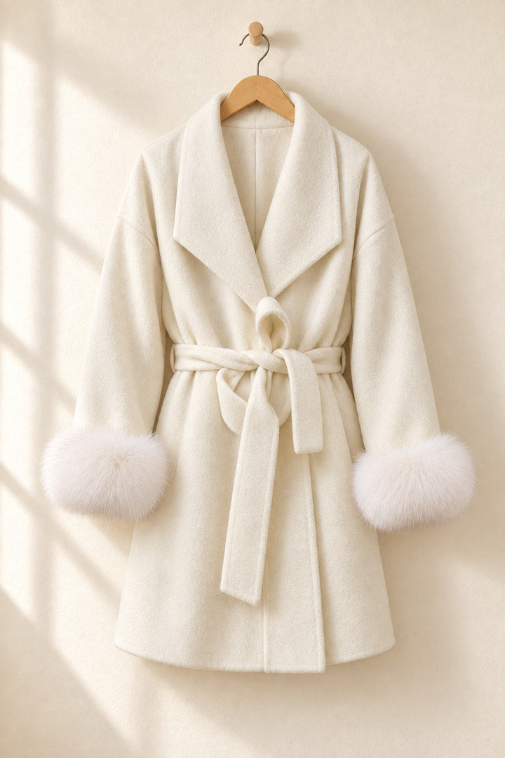Dinah | Ivory Belted Coat with Faux-Fur Cuffs