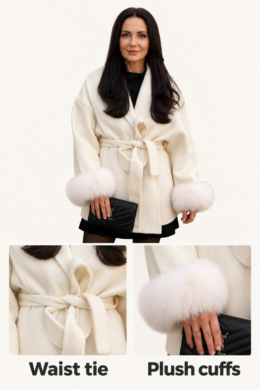 Dinah | Ivory Belted Coat with Faux-Fur Cuffs