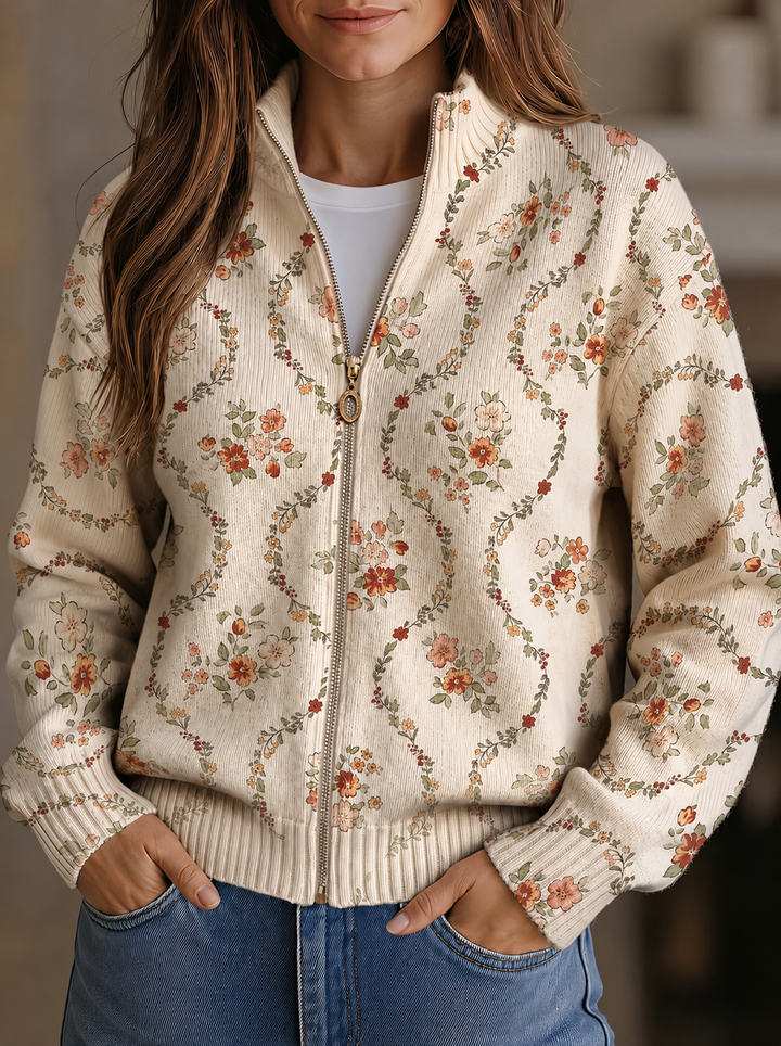 Danielle - Delicate Floral Print Zip-Up Cardigan