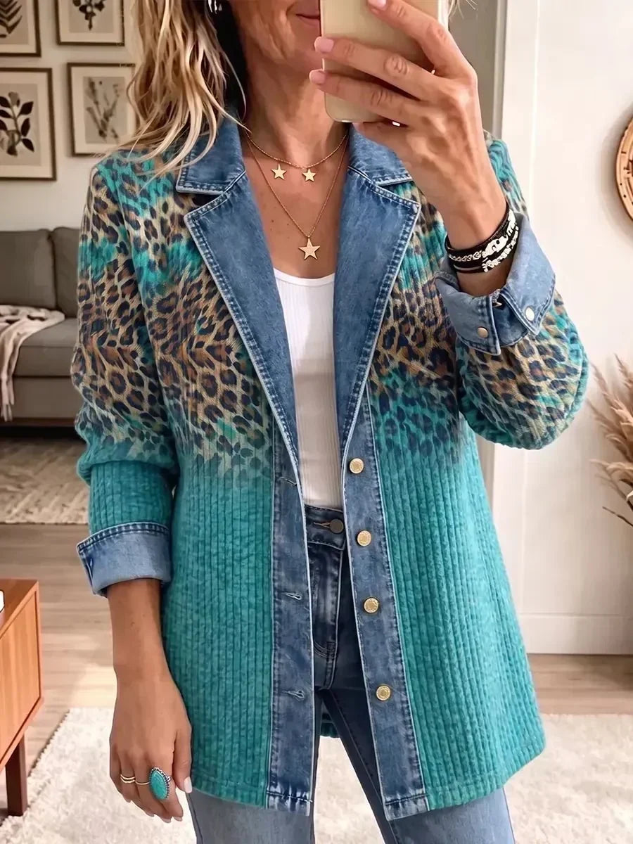Christina Vintage Denim Jacket with Leopard Print