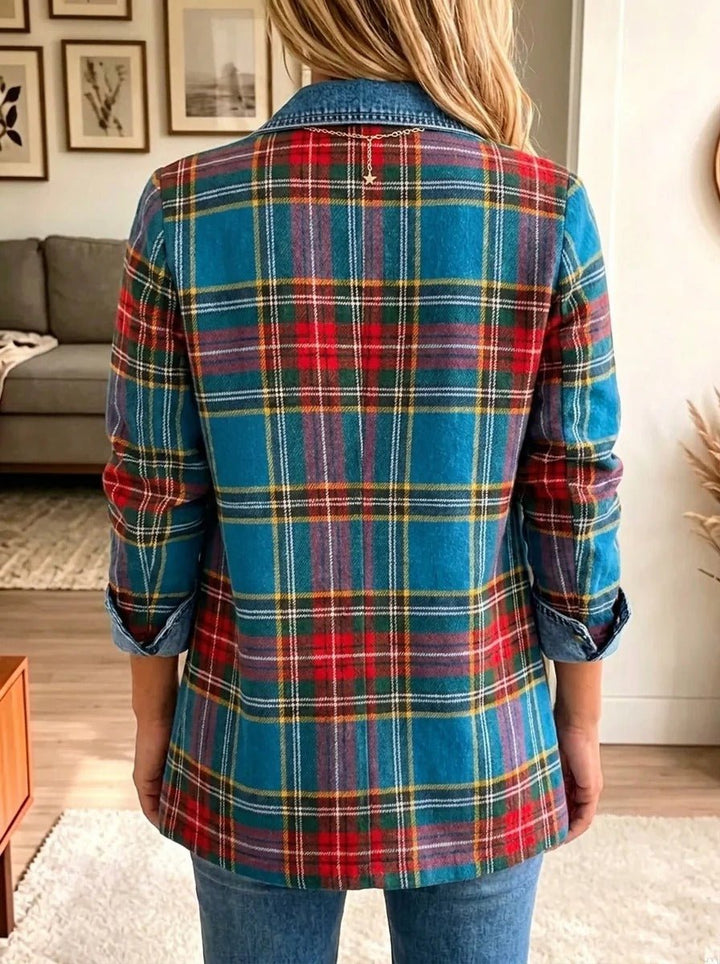 Antonie Denim Blazer with Check Patchwork in Blue - image 2
