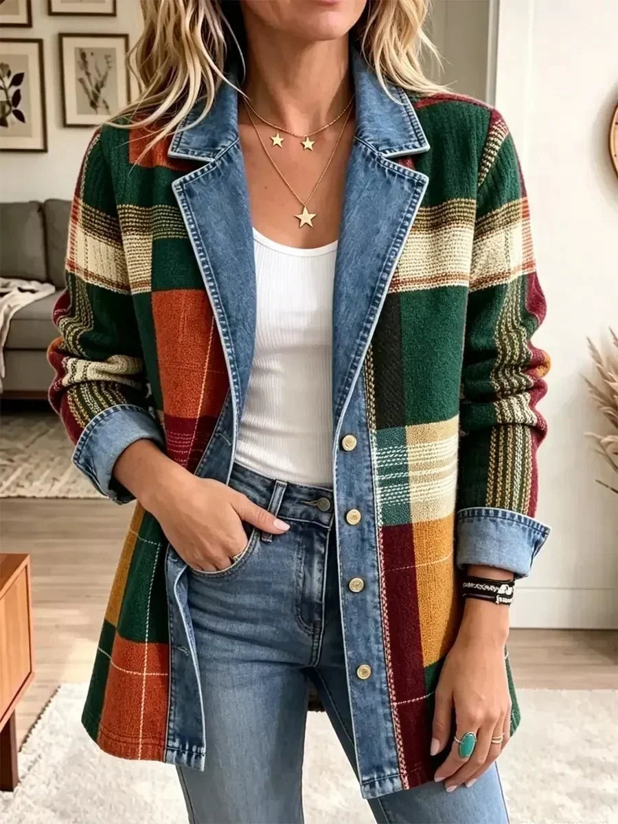 Hildrun Retro Denim Jacket with Artistic Check Print - image 2