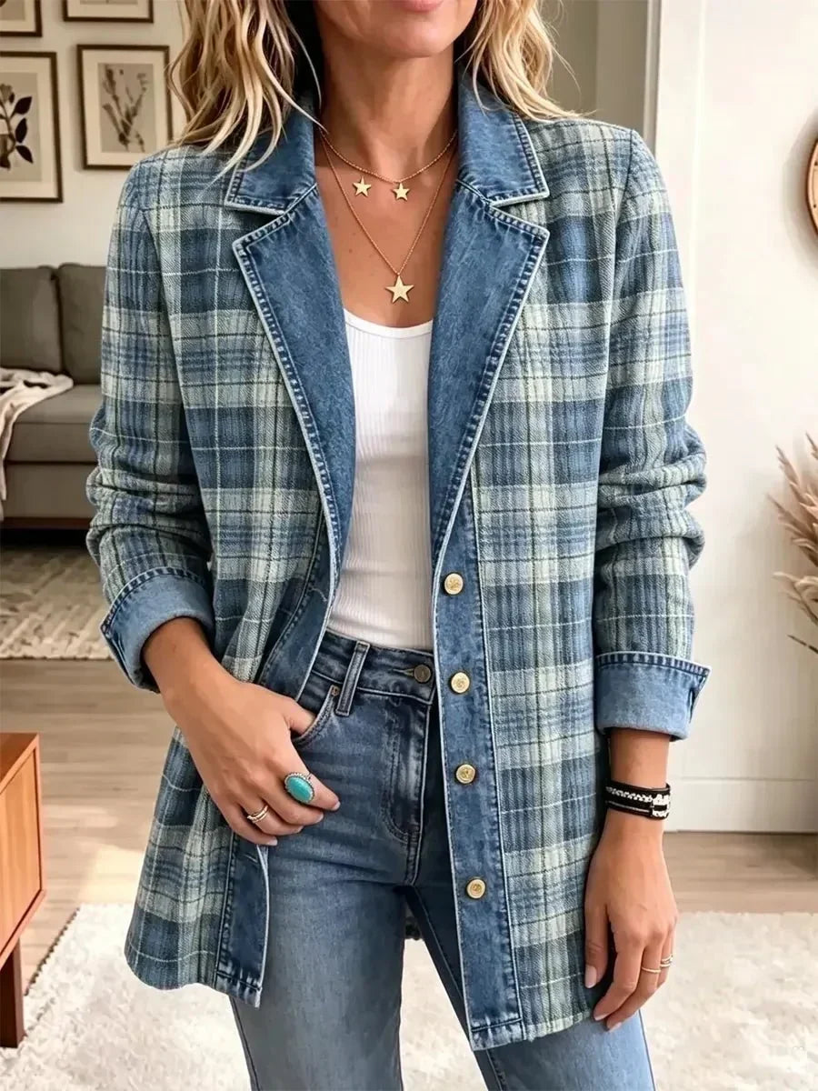 Olga Retro Denim Jacket with Artistic Print in Blue - image 2