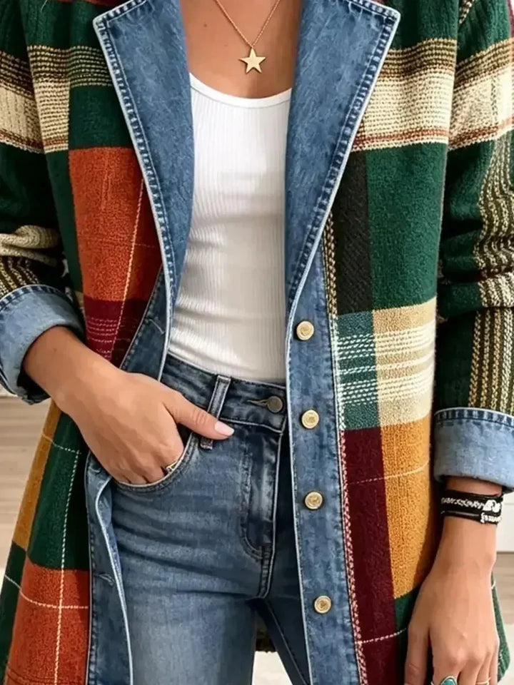 Hildrun Retro Denim Jacket with Artistic Check Print - image 3