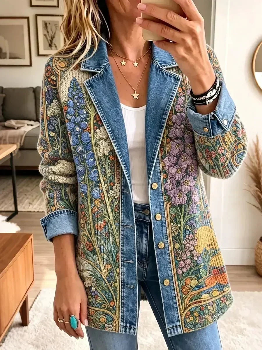 Rosalia Vintage Denim Jacket with Floral Pattern