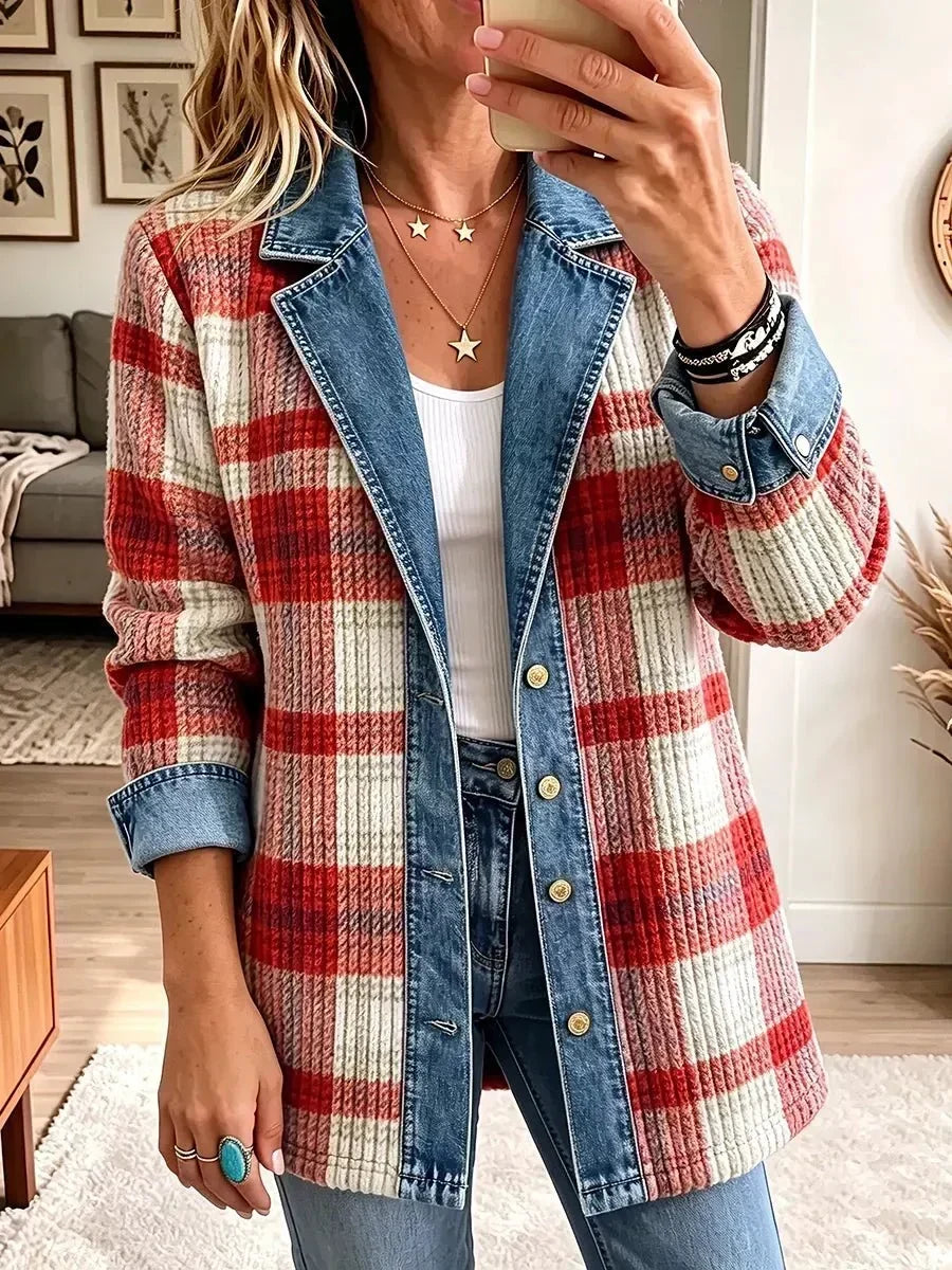 Lisette Vintage Denim Jacket with Patchwork in Red