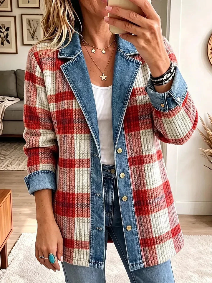 Lisette Vintage Denim Jacket with Patchwork in Red
