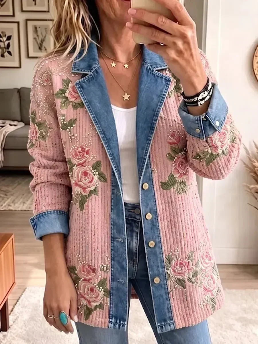 Edelgard Vintage Denim Blazer with Patchwork in Pink