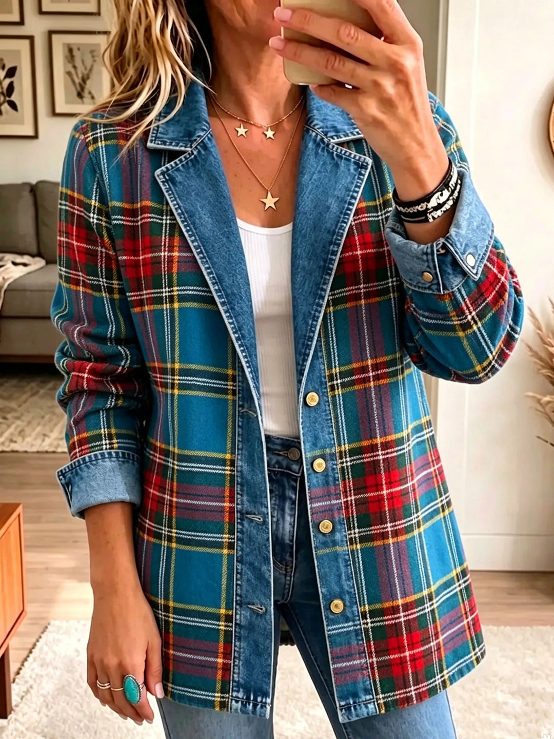 Antonie Denim Blazer with Check Patchwork in Blue