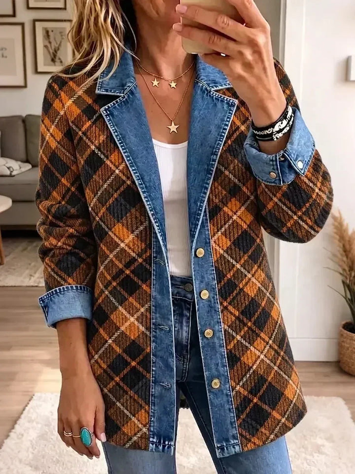 Benedikta Vintage Denim Jacket with Block Print in Brown