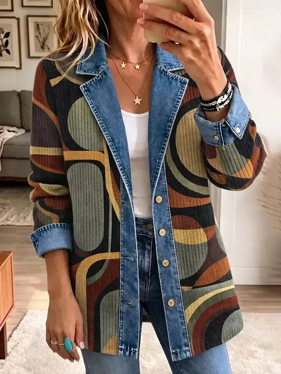Philomena Vintage Denim Jacket with Abstract Pattern