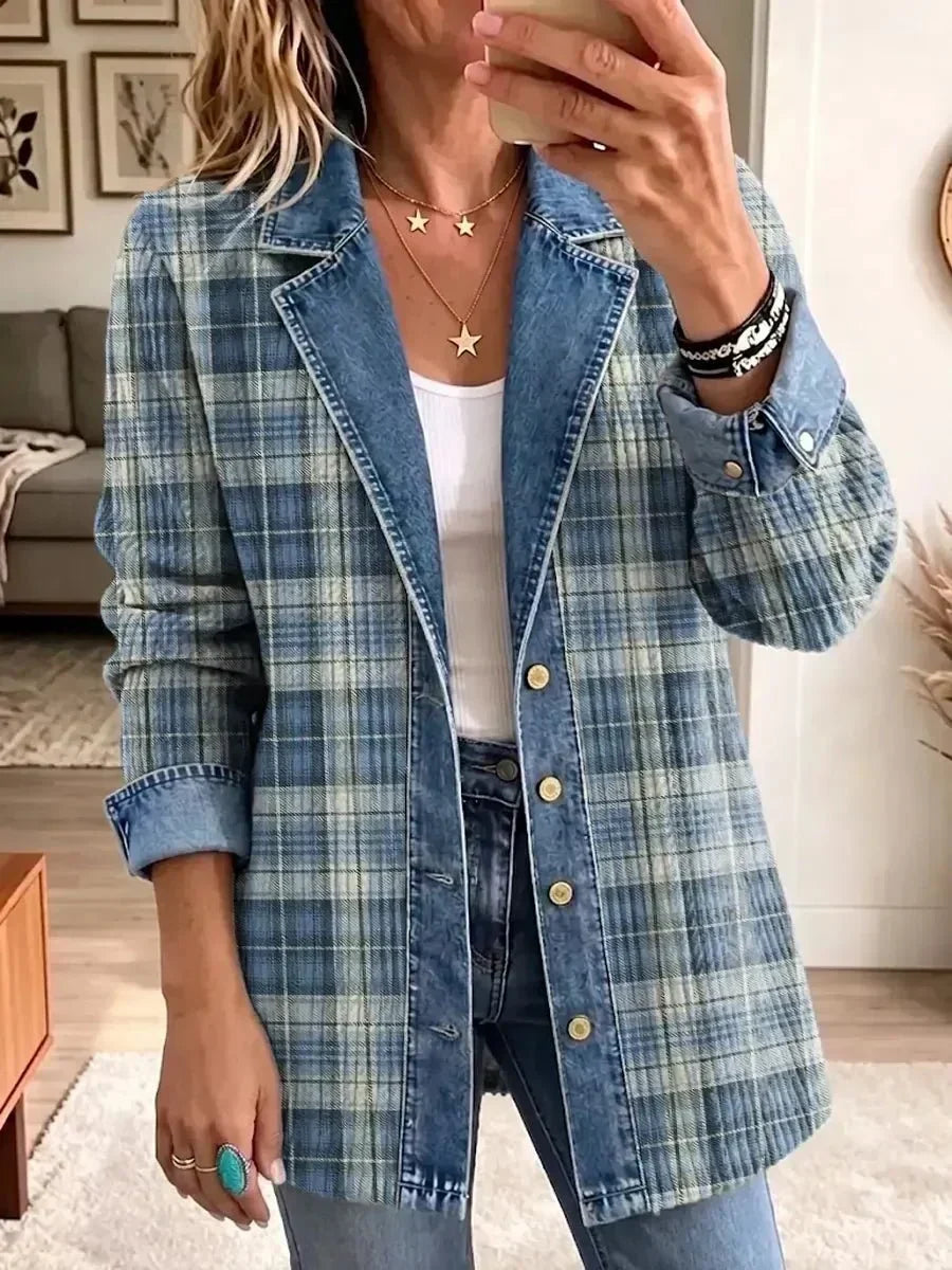 Olga Retro Denim Jacket with Artistic Print in Blue