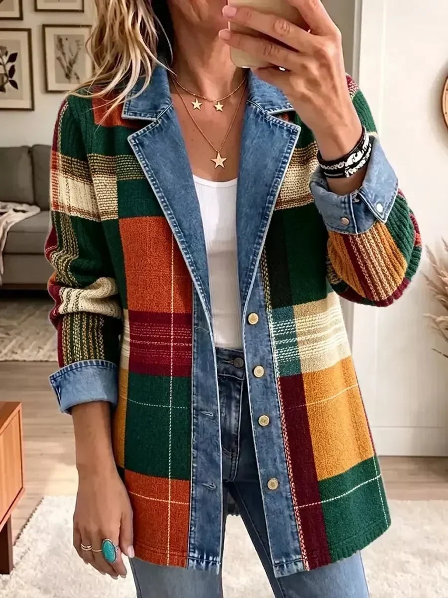 Hildrun Retro Denim Jacket with Artistic Check Print