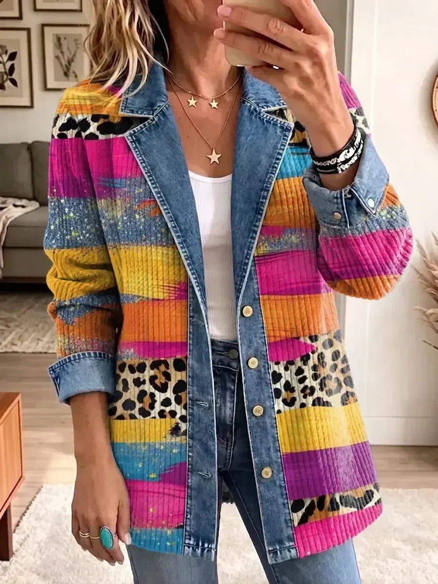 Grit Colourful Retro Denim Jacket with Leopard Print