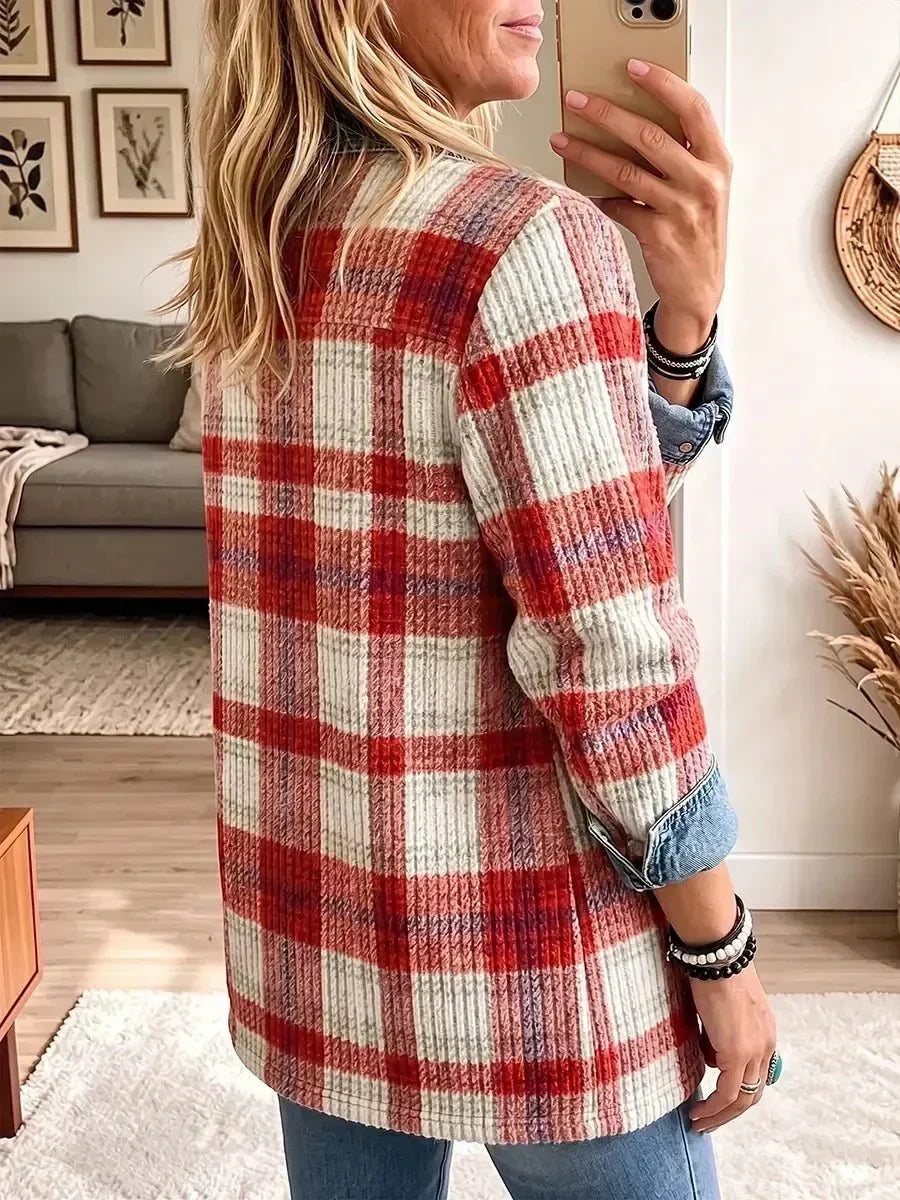 Lisette Vintage Denim Jacket with Patchwork in Red - image 2
