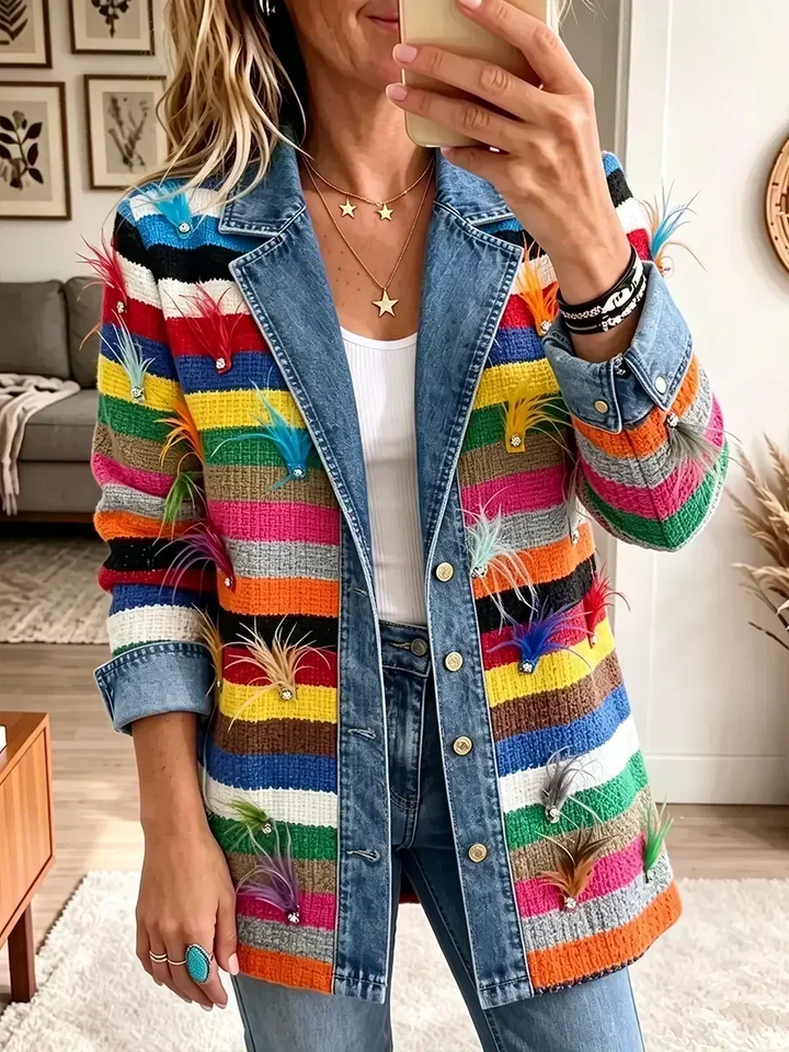 Salome Vintage Denim Jacket with Feather Pattern