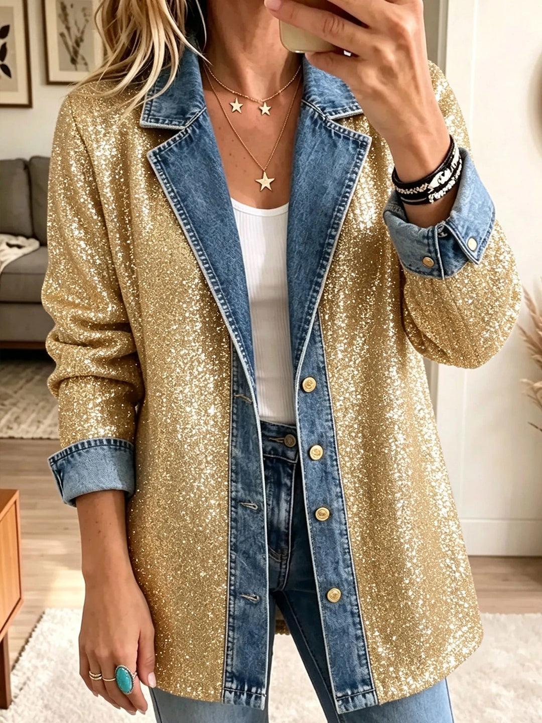 Florentina Denim Jacket with Glitter Patchwork in Gold