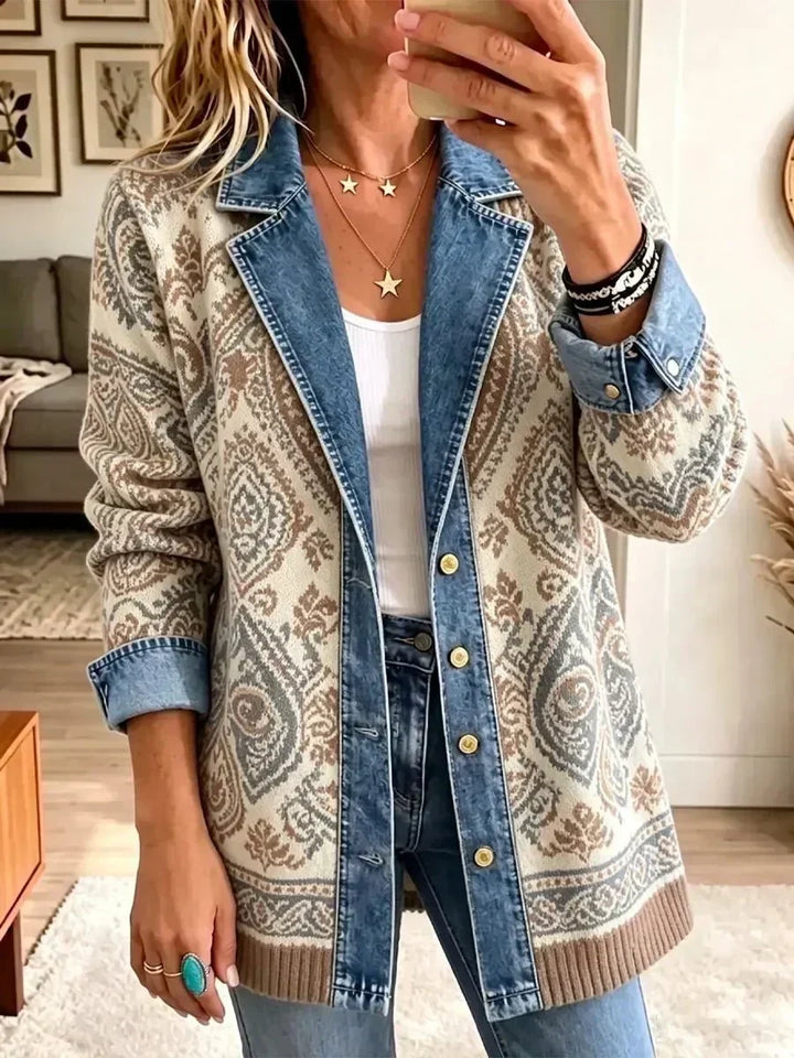 Ernestine Retro Denim Jacket with Boho Patchwork in Beige