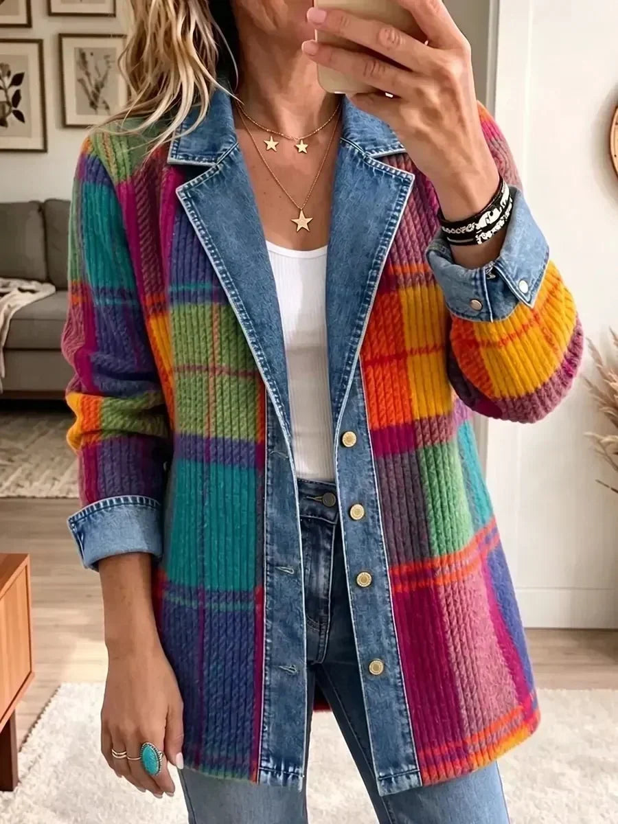 Clementine Vintage Denim Jacket with Checked Patchwork