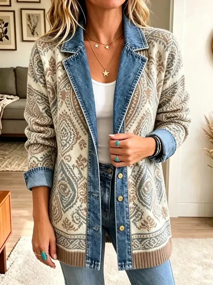 Ernestine Retro Denim Jacket with Boho Patchwork in Beige - image 2