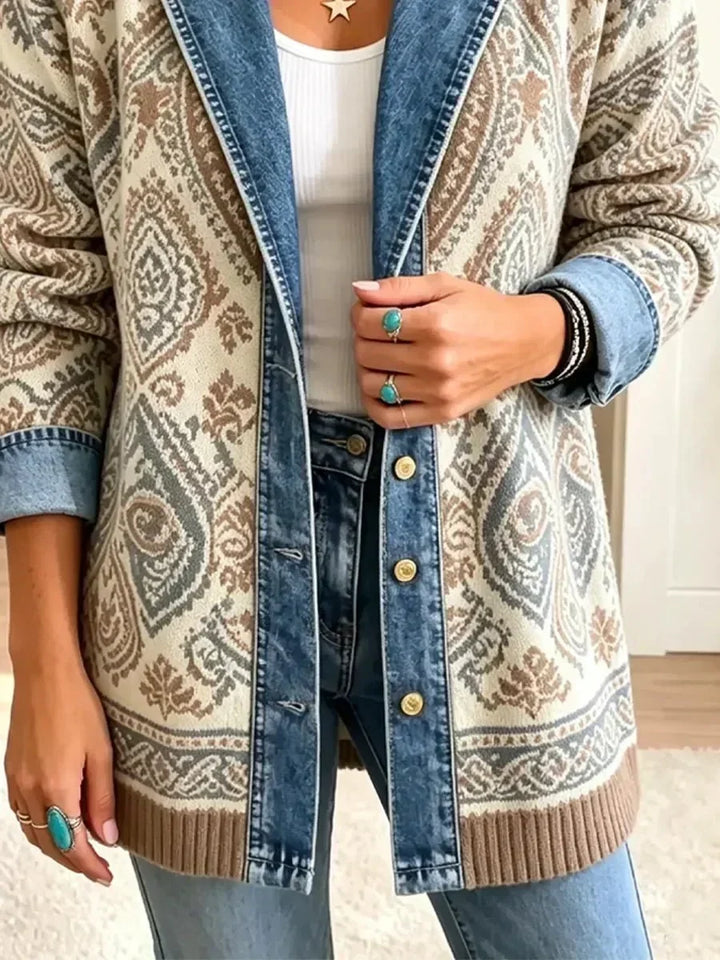 Ernestine Retro Denim Jacket with Boho Patchwork in Beige - image 3