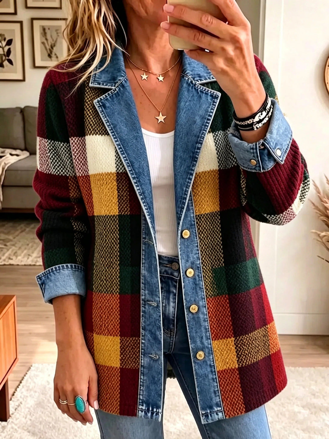 Liesl Denim Jacket with Check and Colour-Block