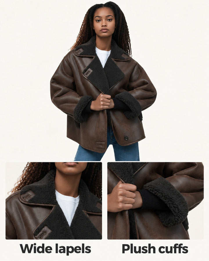 Isabelle | Brown Shearling-Look Aviator Jacket