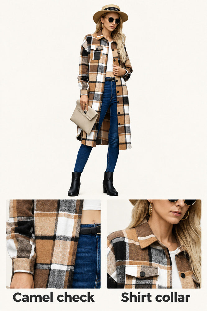 Leanne | Camel Check Retro Long Coat