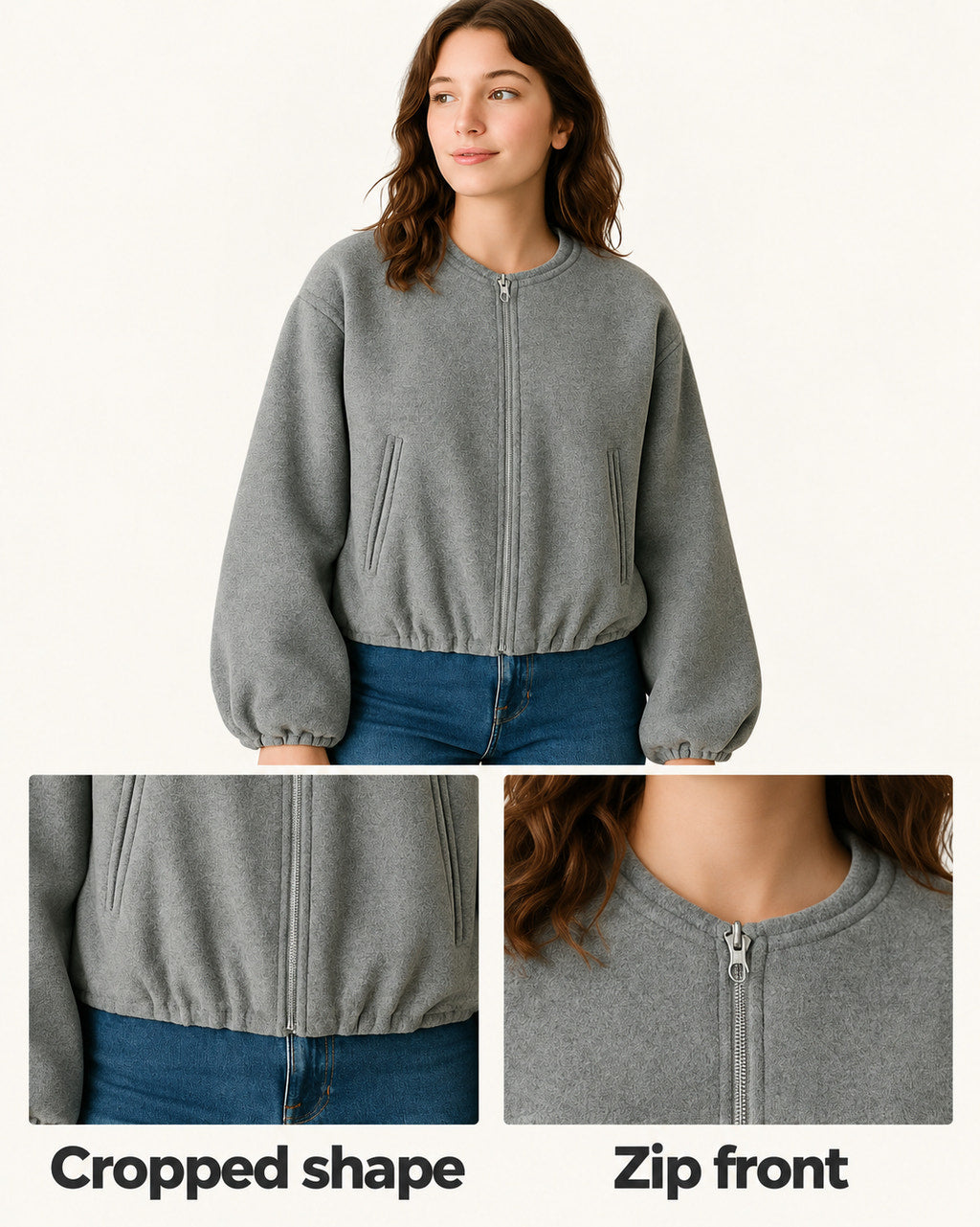 Meg | Grey Cropped Bomber Jacket