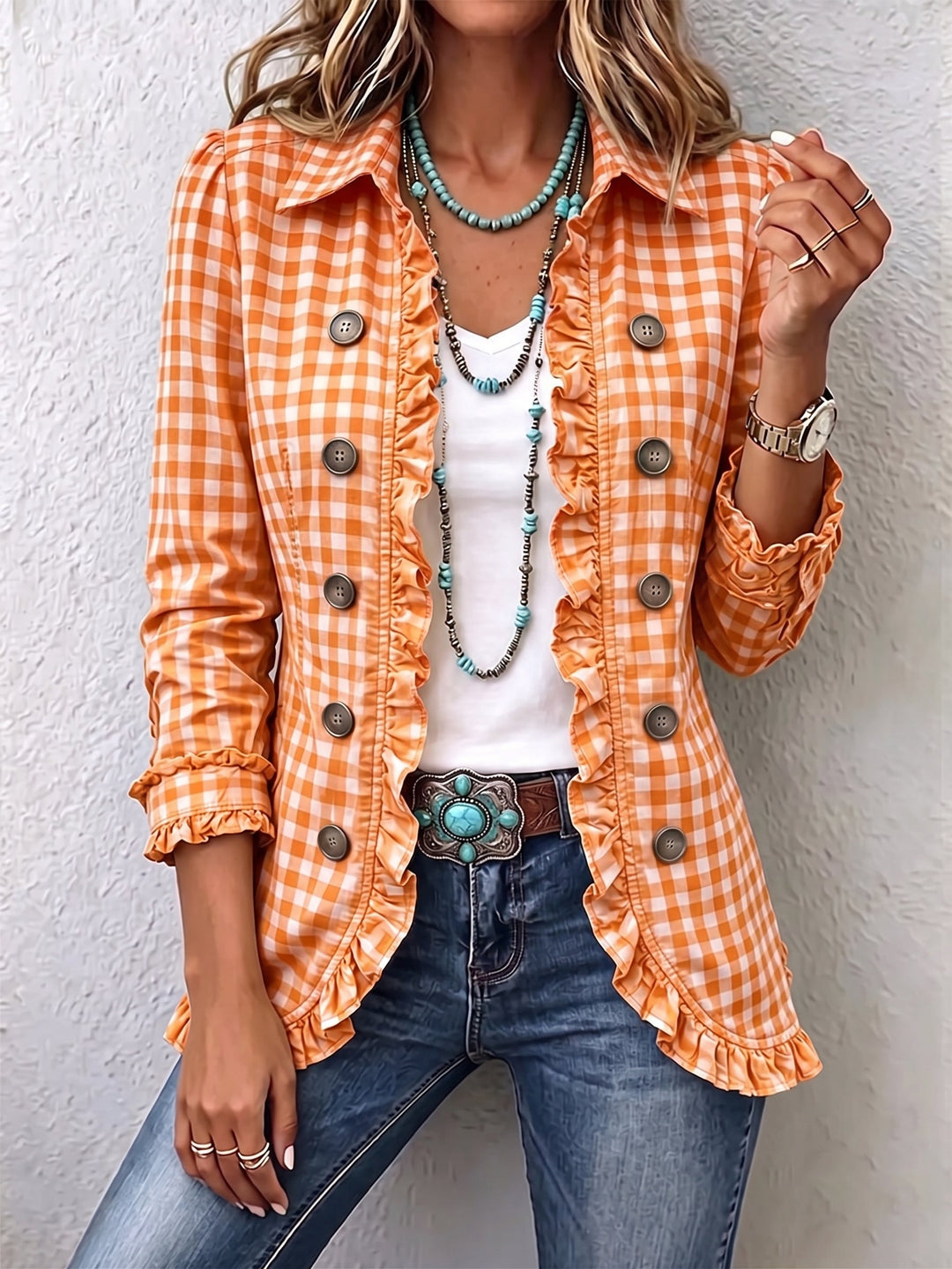 Claudia | Button-Detail Pleated Check Jacket