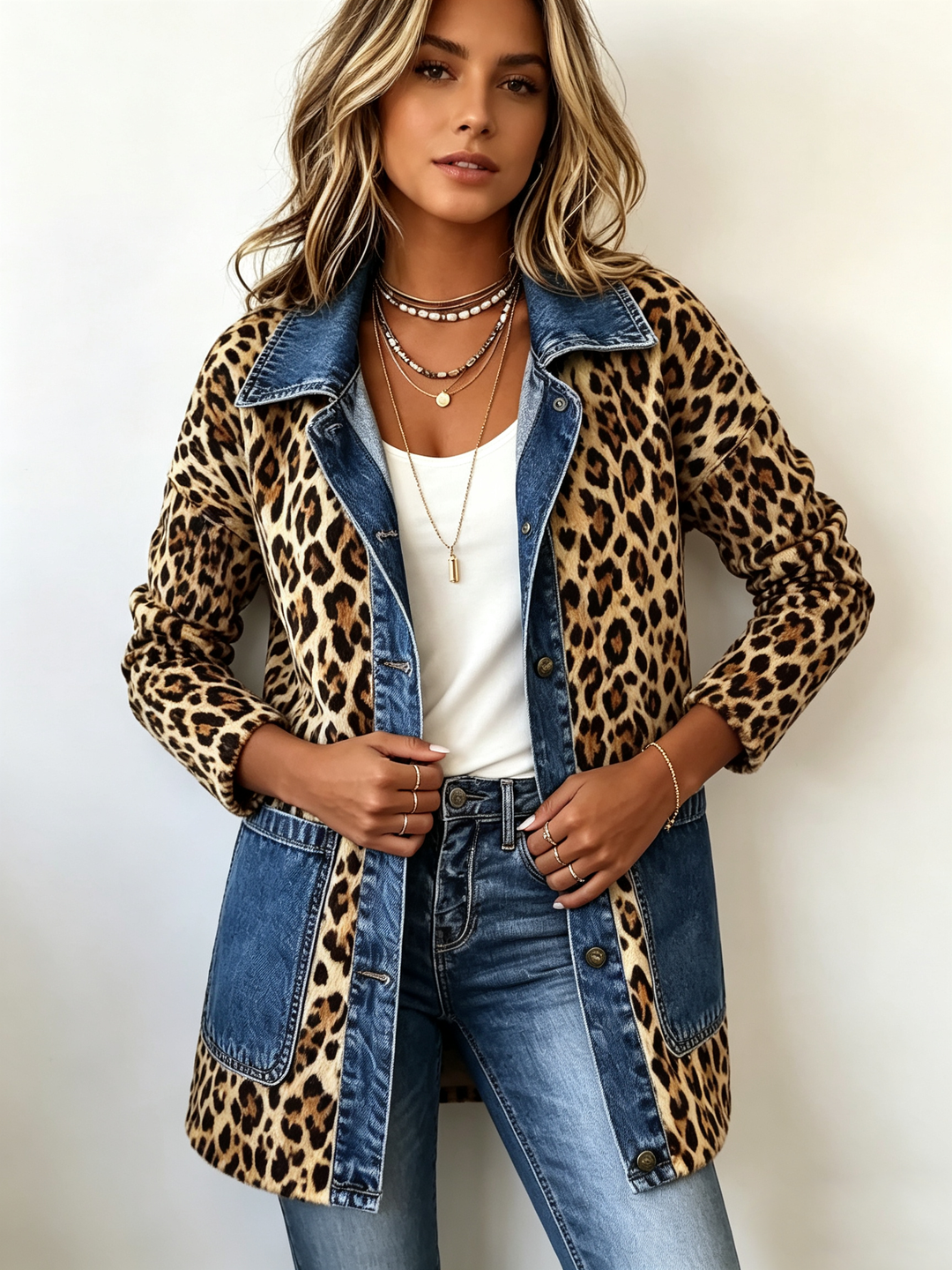 Madeleine | Leopard Print Long Denim Jacket