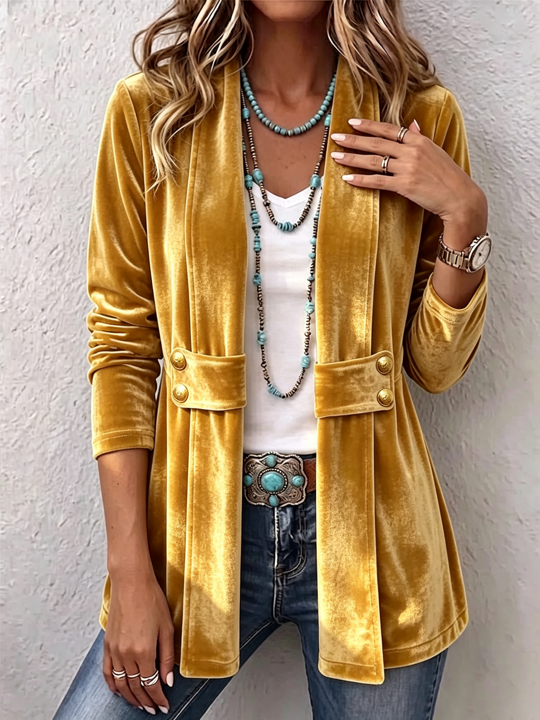 Renée | Long Sleeve Open Jacket with Vintage Button Accents