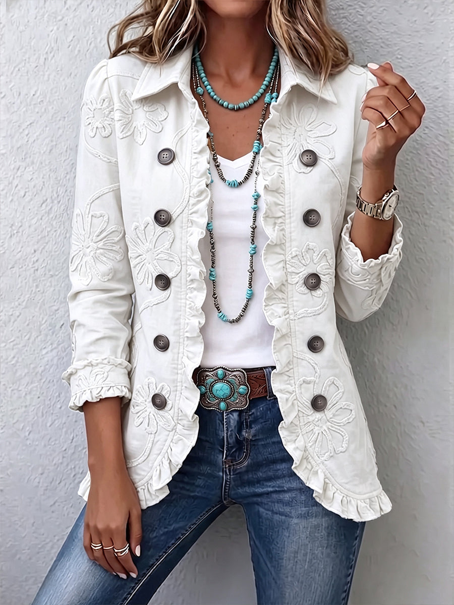 Elfriede | Ivory Floral Embroidered Jacket with Ruffled Trim