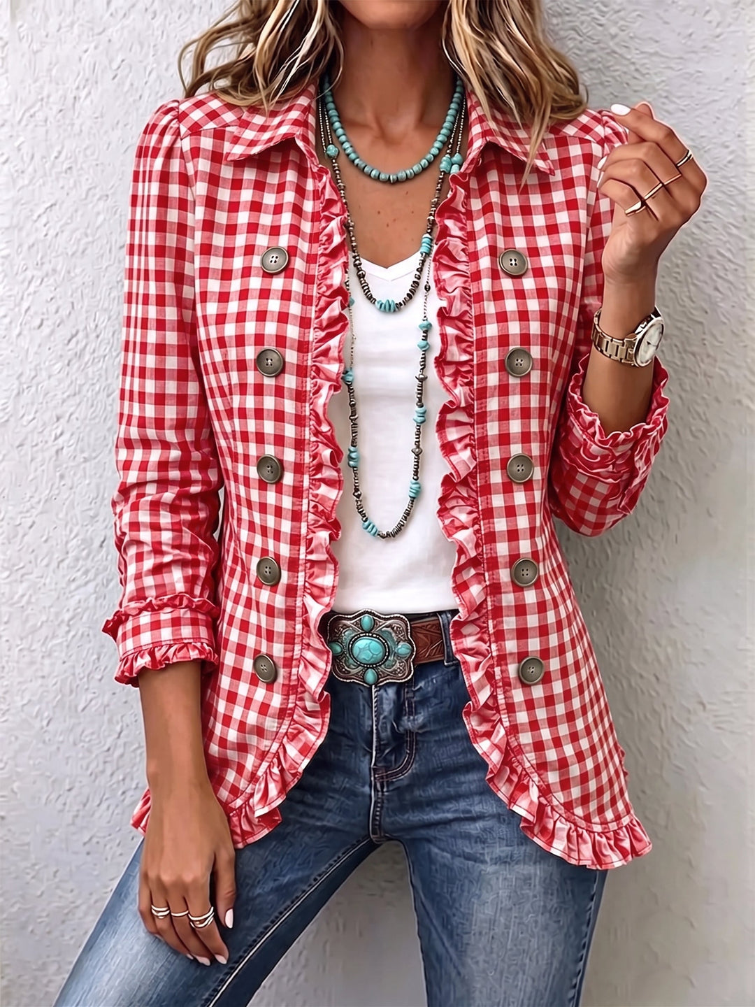 Claudia | Button-Detail Pleated Check Jacket