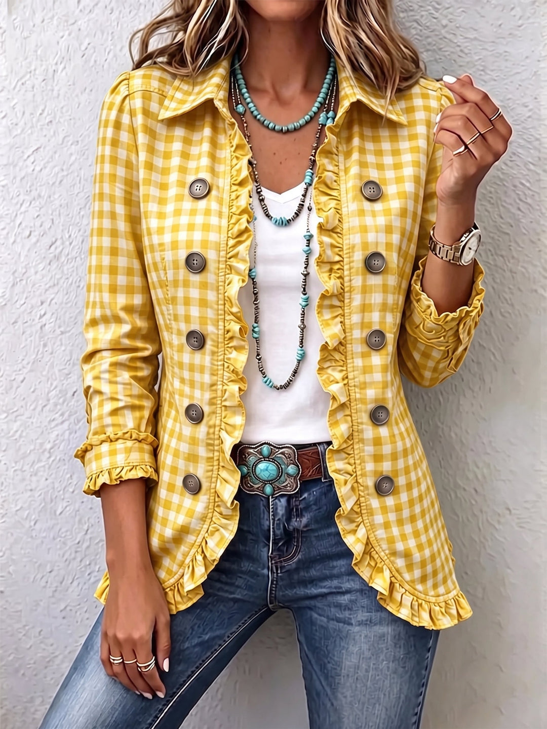 Claudia | Button-Detail Pleated Check Jacket