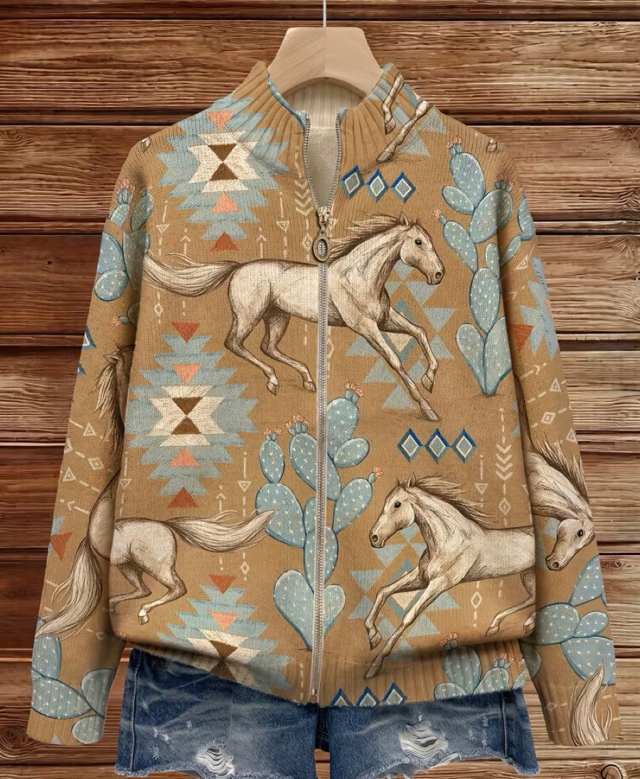 Kaitlyn - Cactus & Desert Horse Zip-Up Cardigan