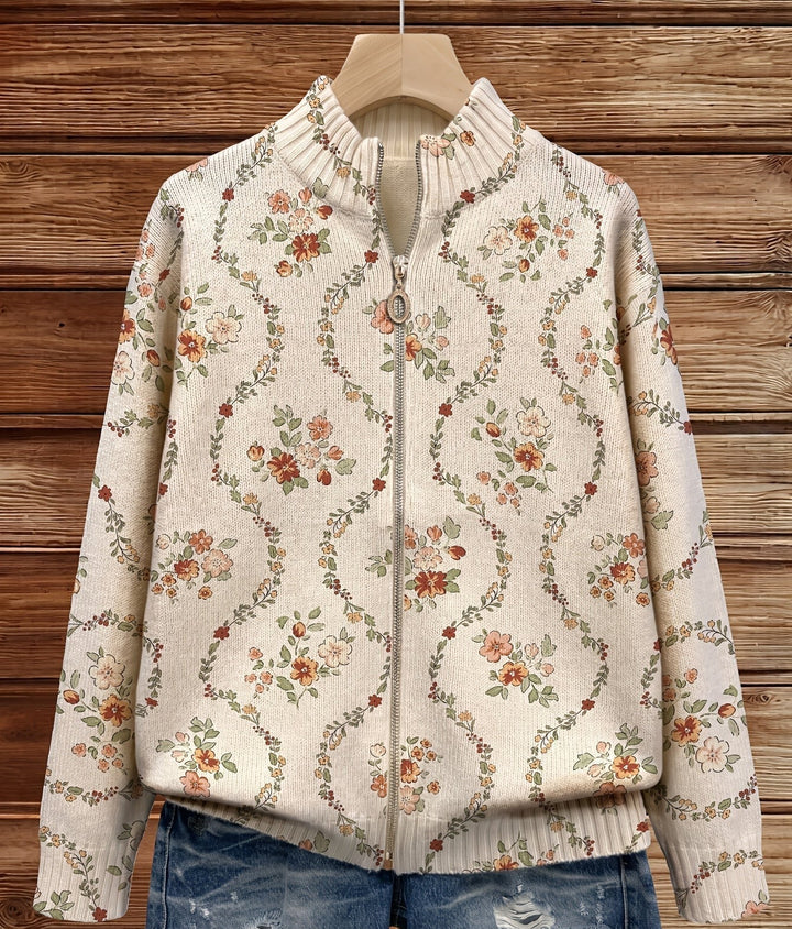 Danielle - Delicate Floral Print Zip-Up Cardigan