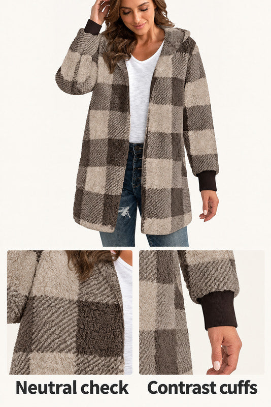Roberta | Neutral Check Hooded Coat