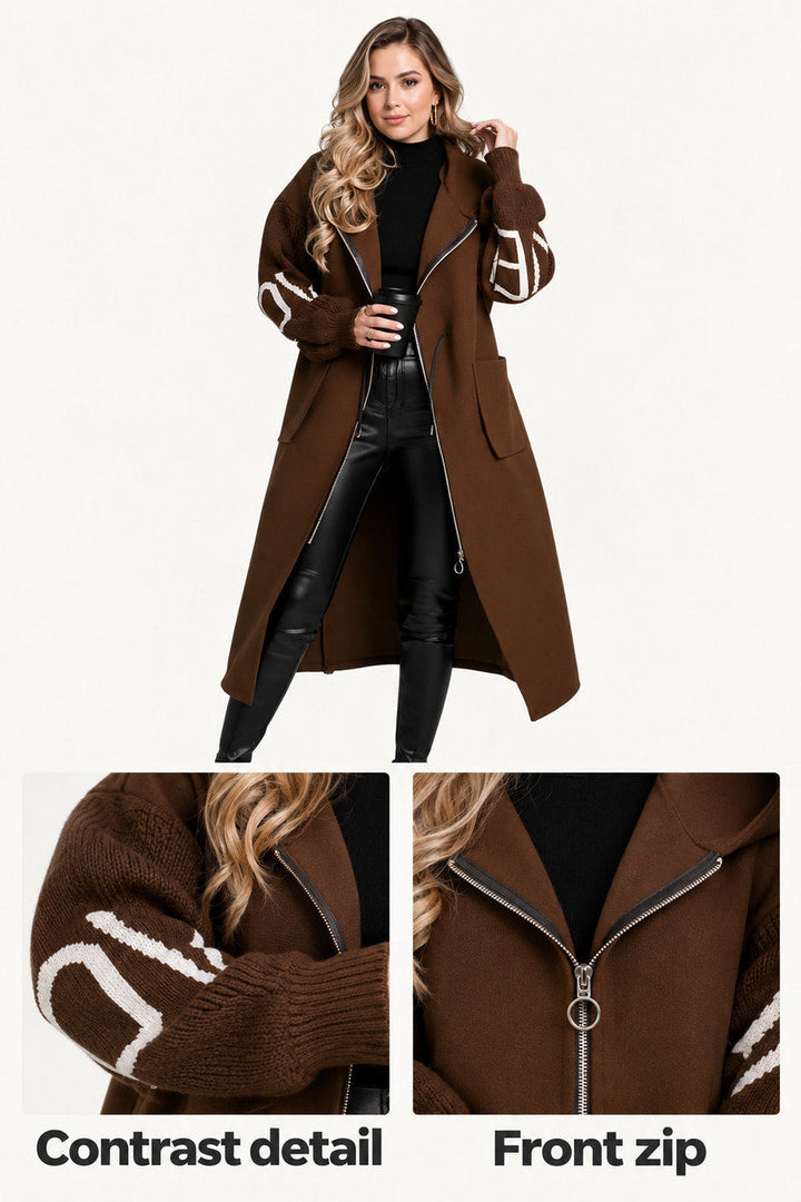 Rosie | Brown Contrast-Trim Long Coat
