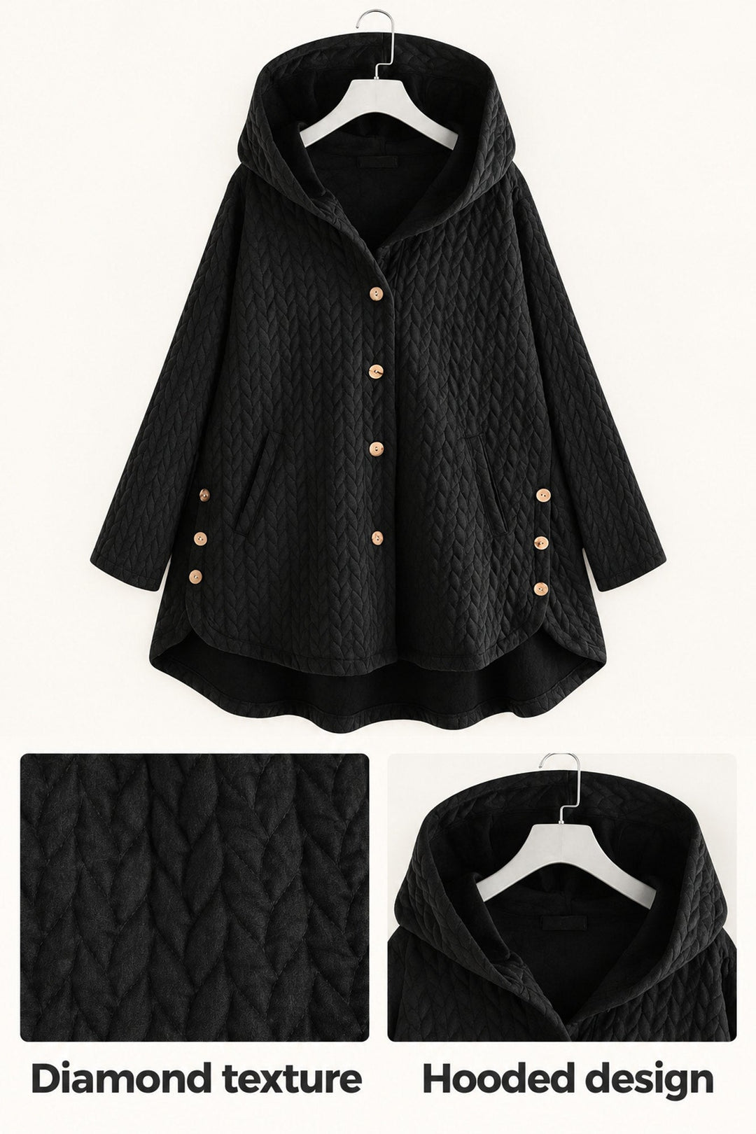Skye | Black Textured Hooded Coat